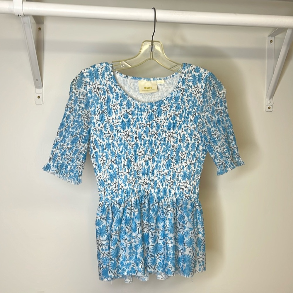 Anthropologie‎ Maeve Blue & White Mesh Peplum Shirt- S